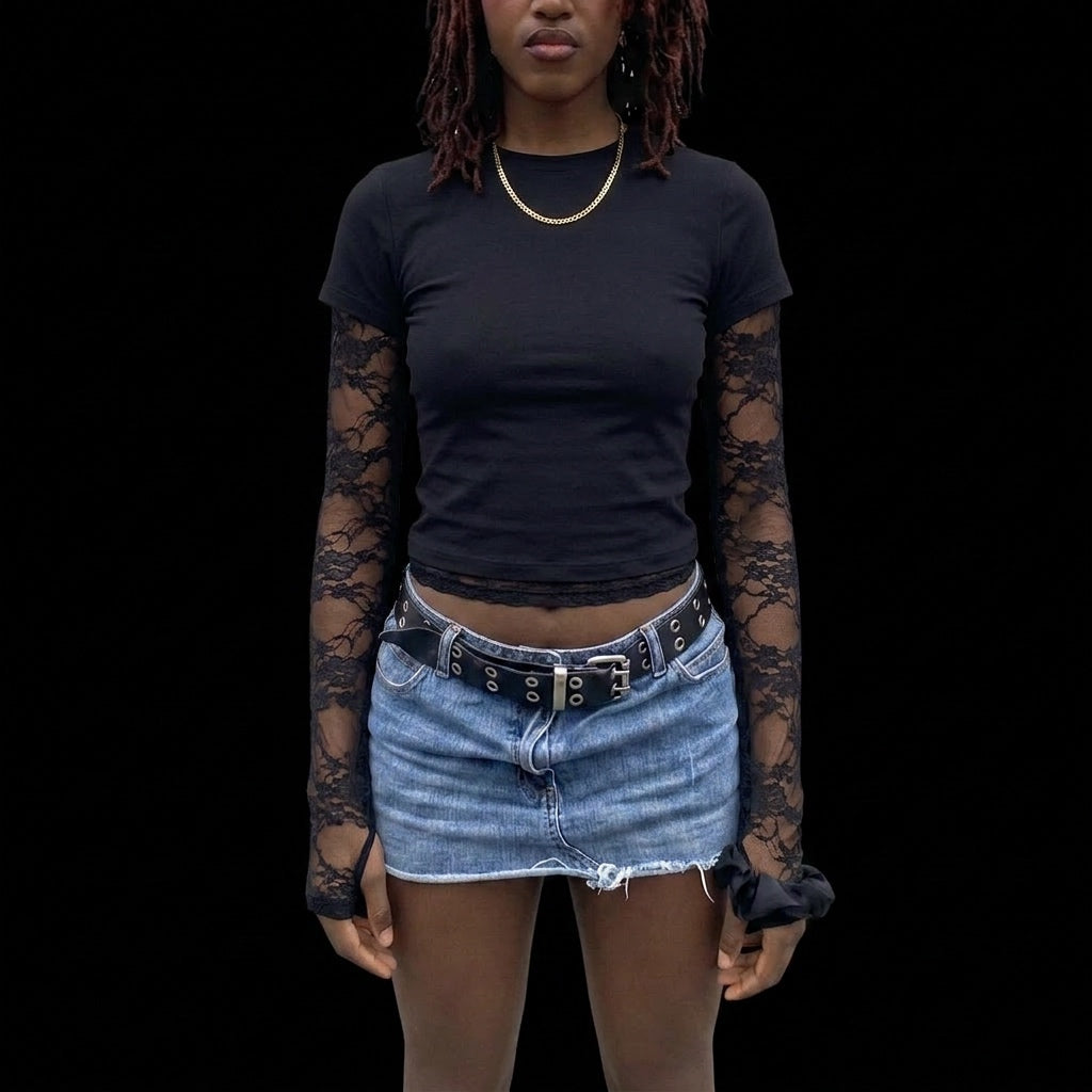 Cropped T-Shirt with Sheer Lace Sleeves