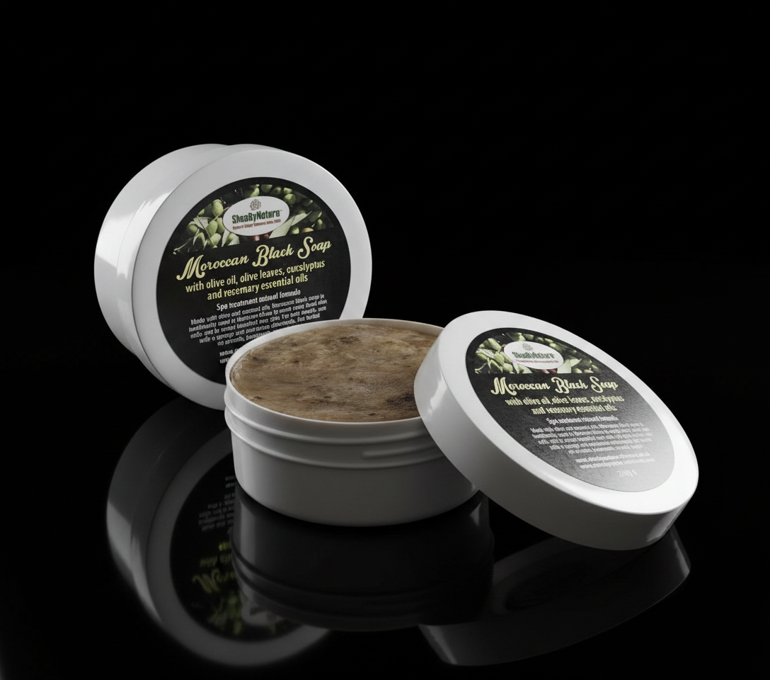 SheaByNaTure MOROCCAN Black Soap. 100% Pure and Natural Soap Made from Olive Oil, coconut oil and Olive Leaves, using traditional Moroccan Method with Eucalyptus and Rosemary essential oil.