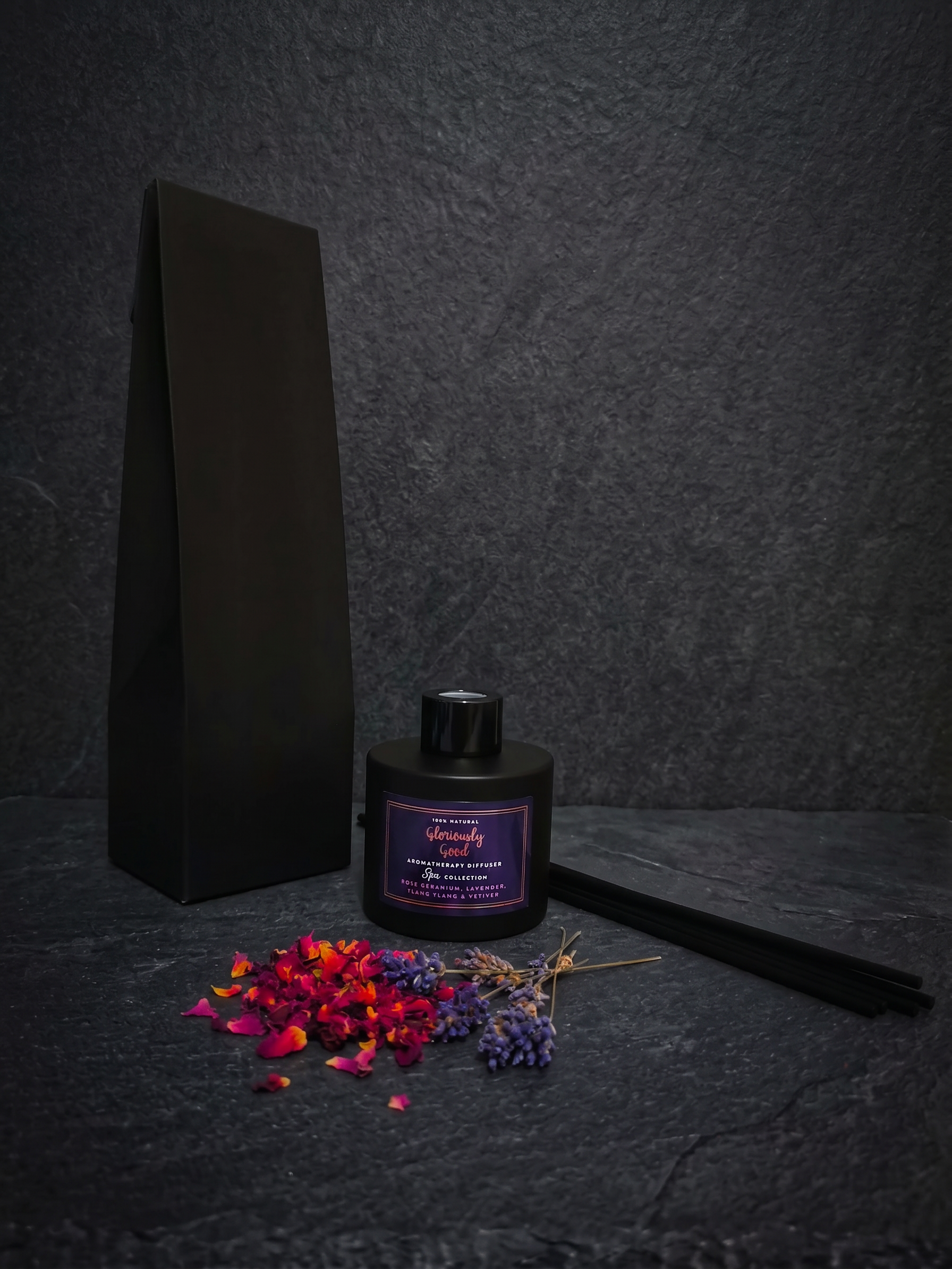 Rose Geranium, Lavender, Ylang Ylang & Vetiver Satin Black Reed Diffuser